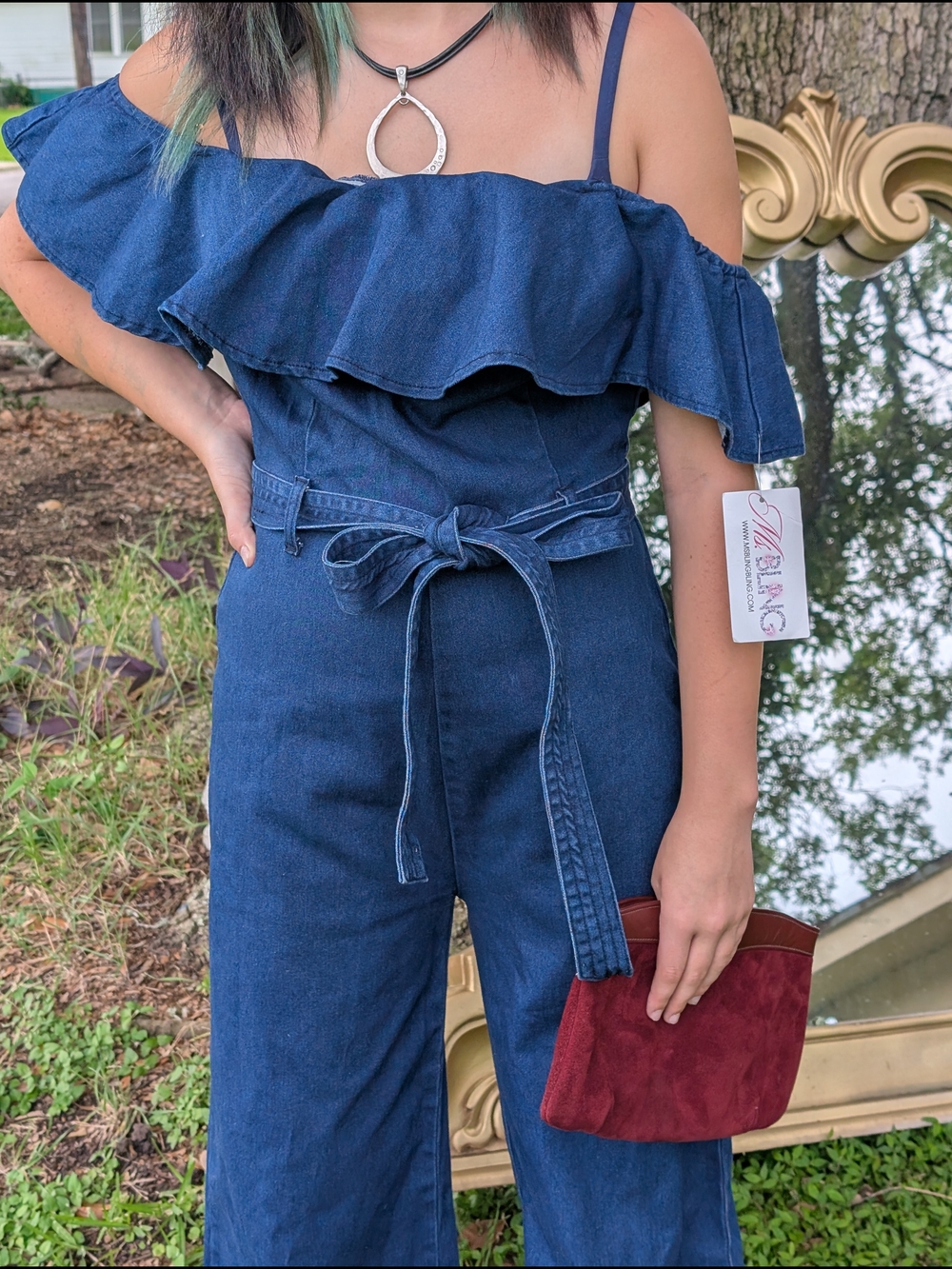 Dark Blue Off-Shoulder Denim Jumpsuit with Belt